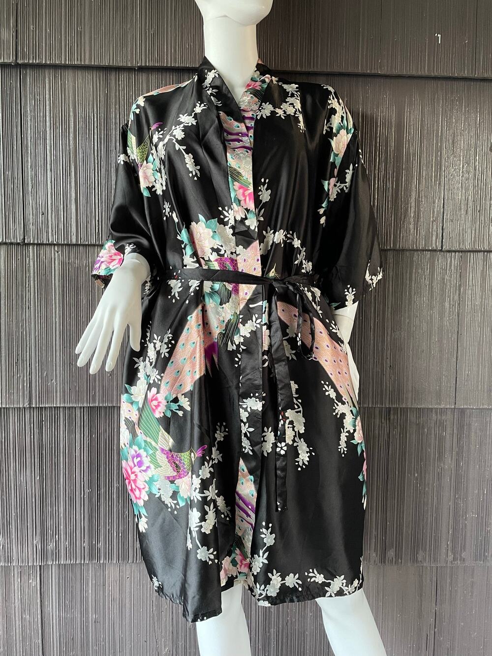 100% Silk Kimono Robe Peacock Sakura Floral Japanese Traditional Loungewear OS